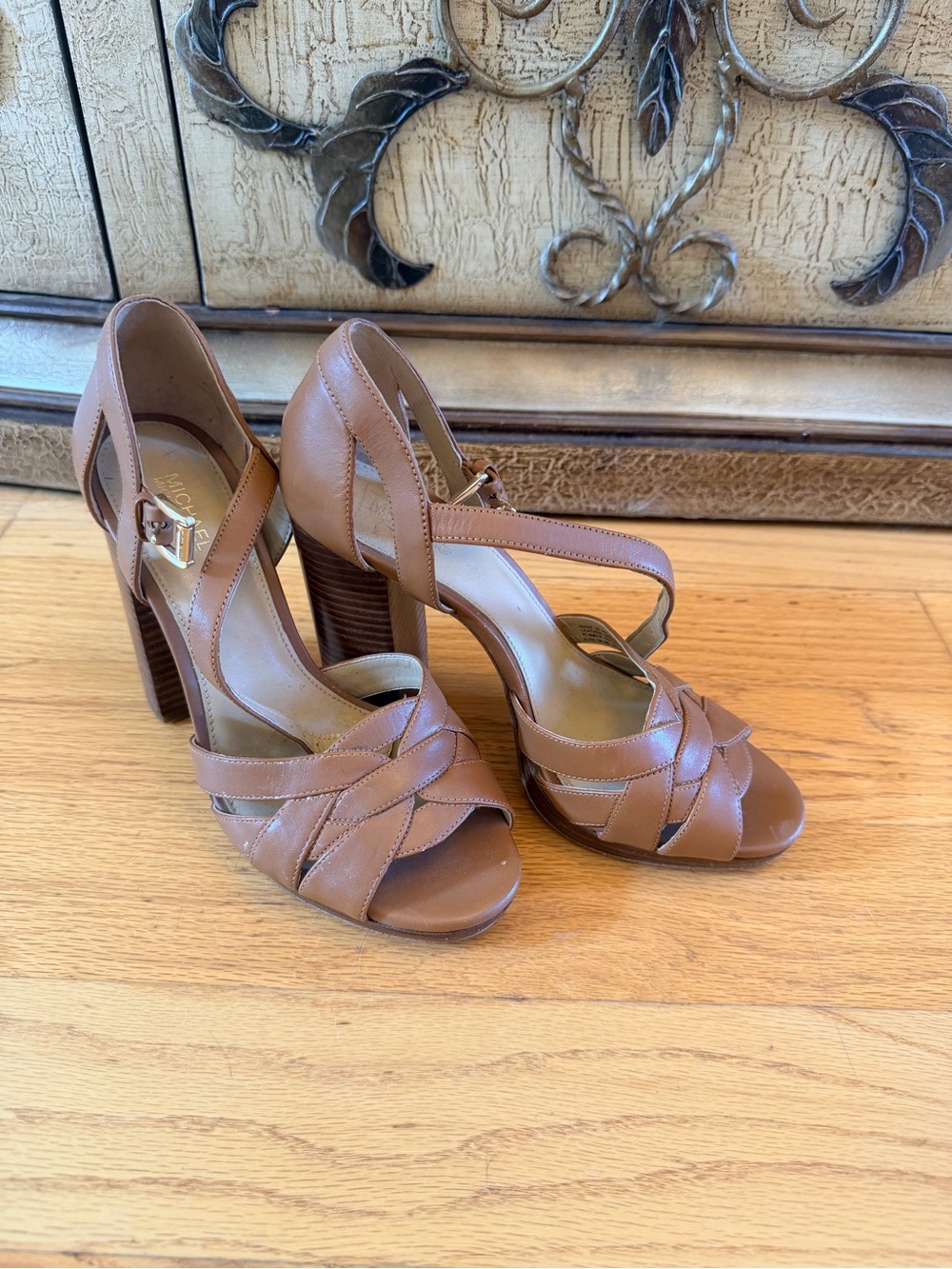 Michael Kors Tan Brown Leather Strappy Block-Heel Sandals